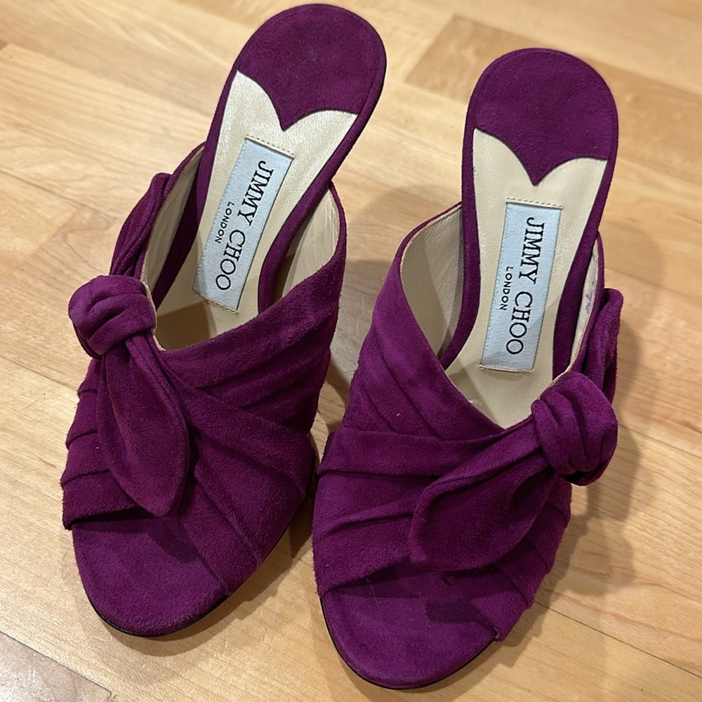 Sexy Jimmy Choo Keely suede magenta bow open toe mules heels sz 35 - Picture 5 of 11